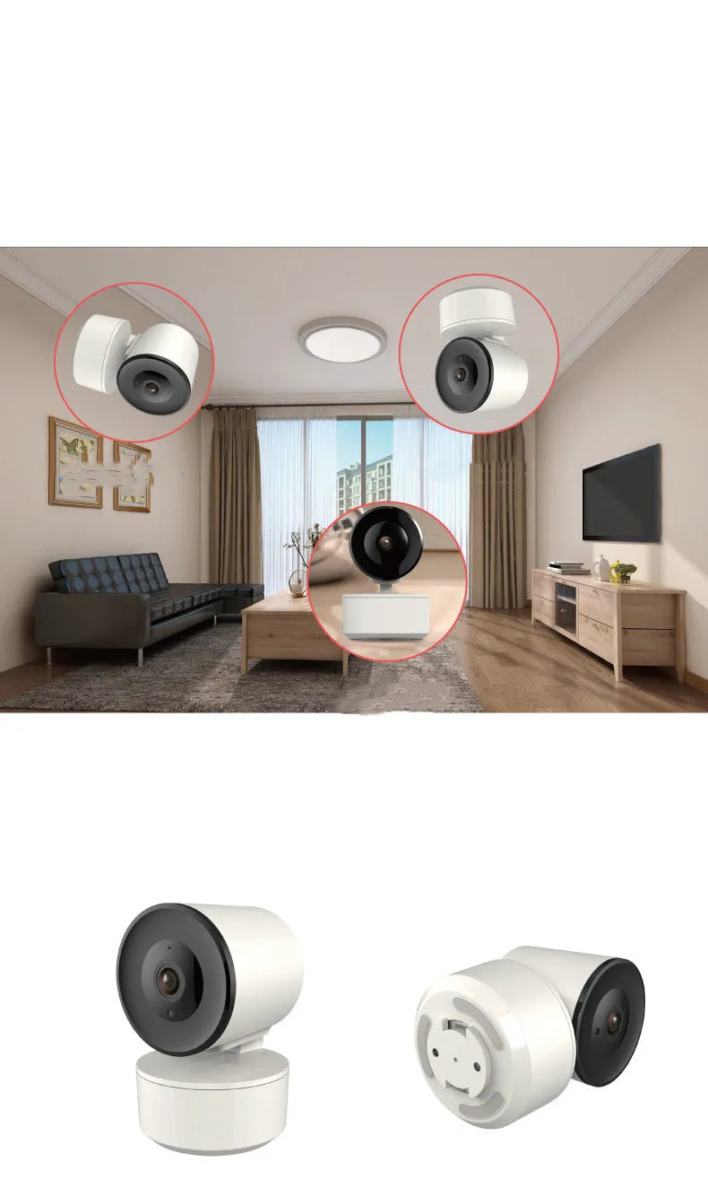 Indoor smart Wi‑Fi security camera with 1080P resolution and pan‑tilt‑zoom on a desktop.