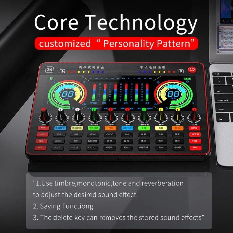 G4 professional live sound card set with LCD display, control knobs, remote, cables, and a dynamic microphone.