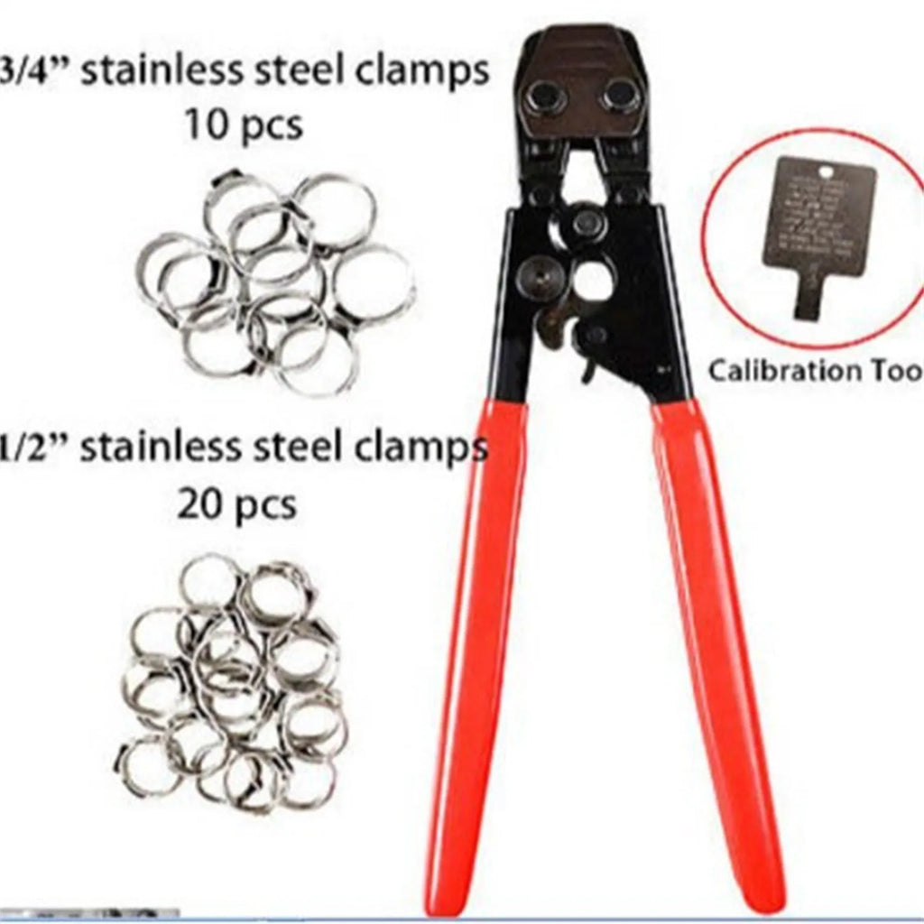 Metal PEX clamp tool set with carbon steel cutting edge and red cloth clamp