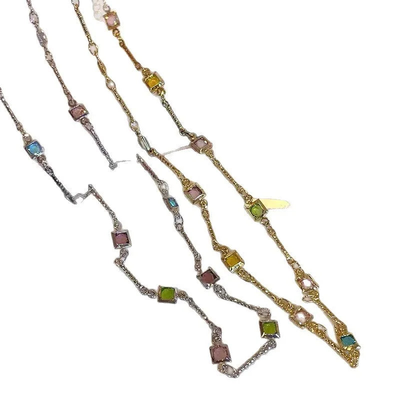 Square colour crystal clavicle chain necklace with geometric pendants in gold tone finish