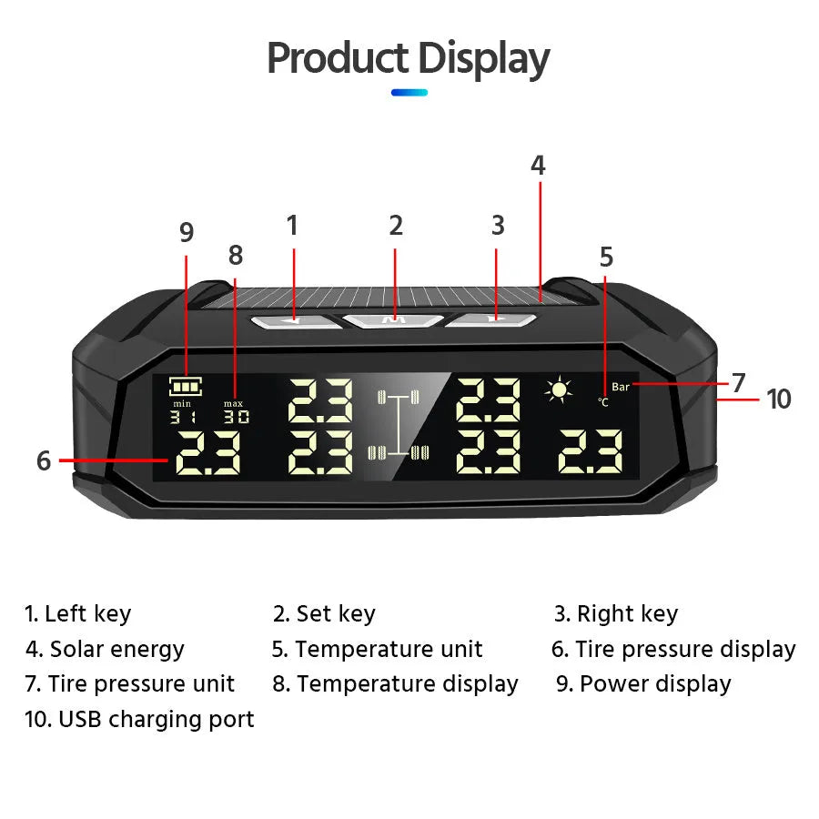 Solar external tyre pressure monitor with colour digital display and six sensors for RV and truck safety