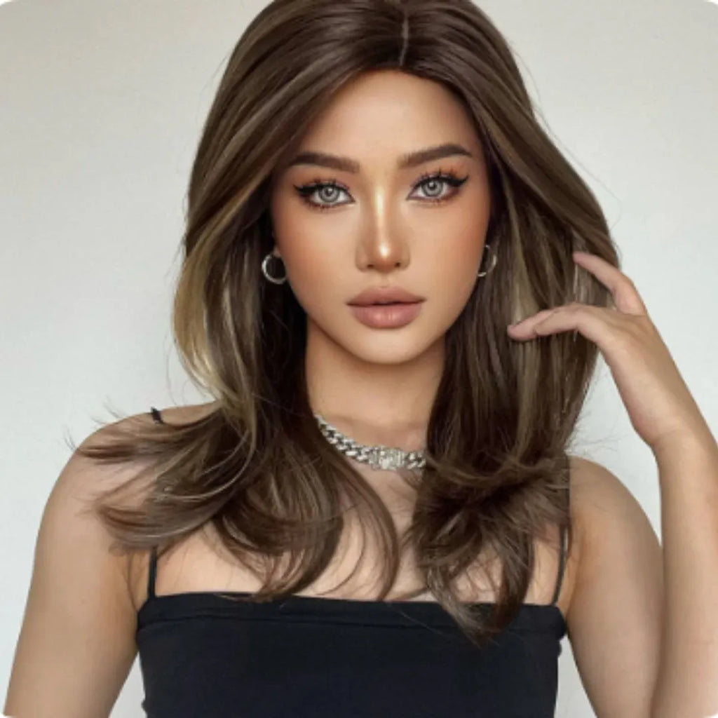 Mid-length curly synthetic wig with bangs in a wine red, brown, and white gold gradient colour.