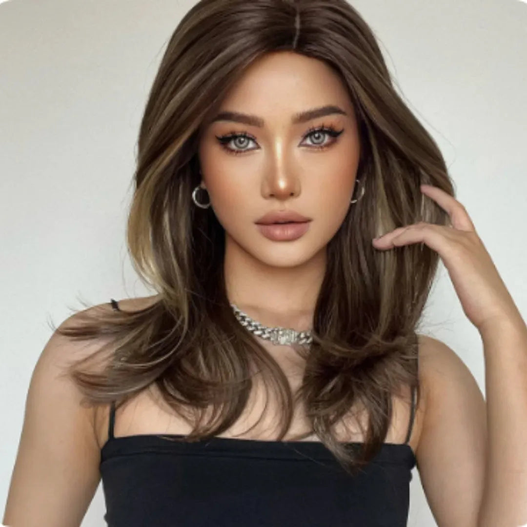 Mid-length curly synthetic wig with bangs in a wine red, brown, and white gold gradient colour.