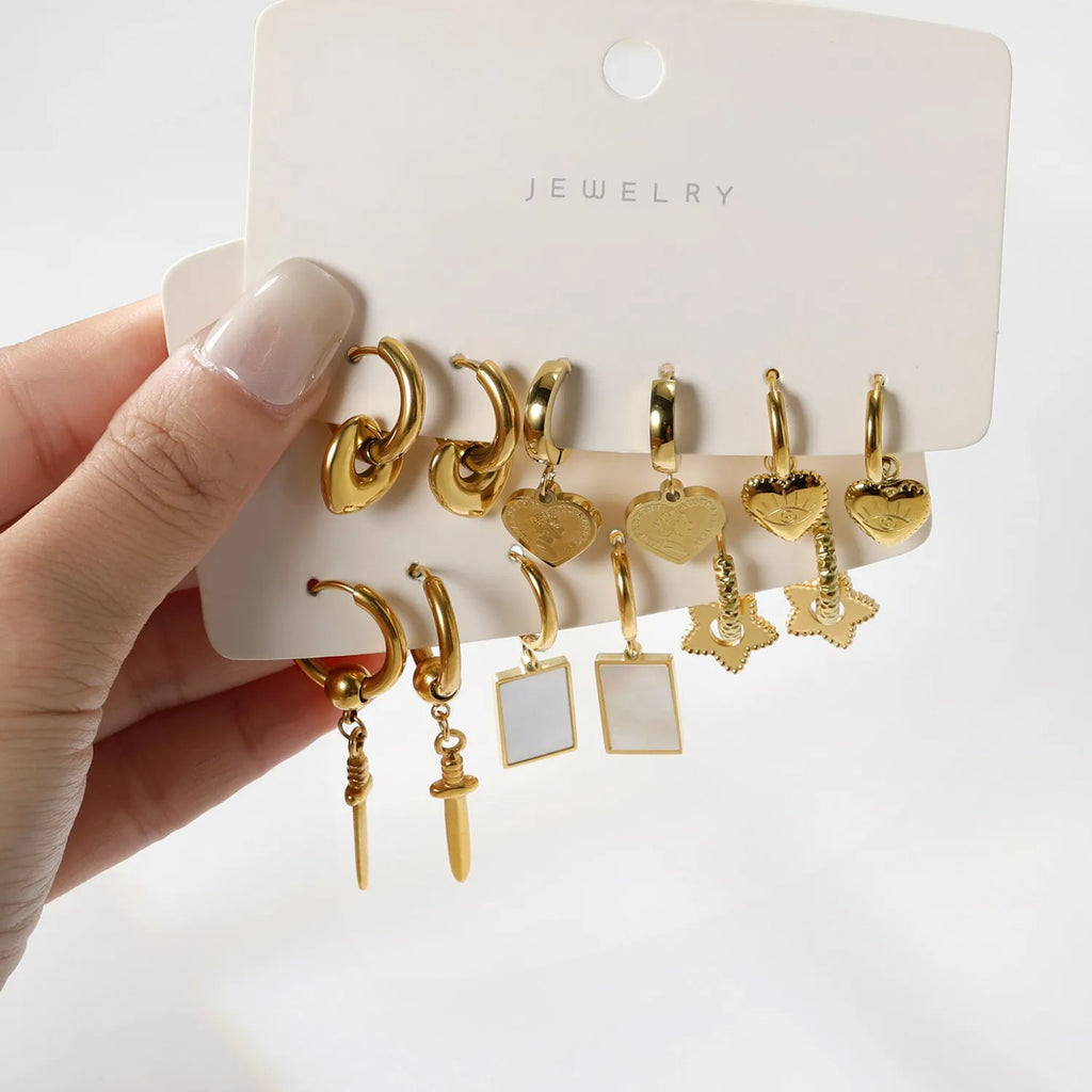 Electroplated 18K gold stainless steel earrings with heart star and geometric shapes