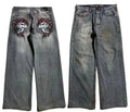 Men's grey washed-out denim jeans with wide-leg workwear design and straight-leg style