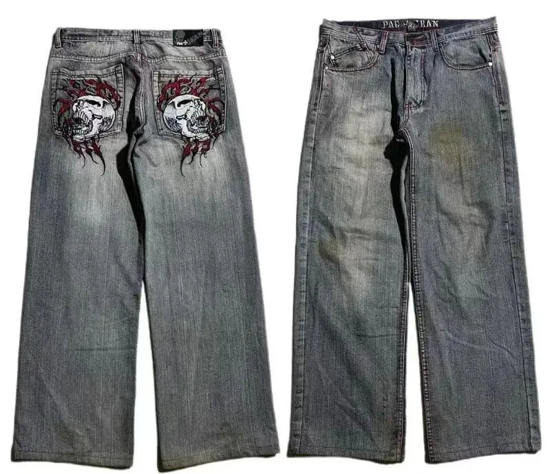 Men's grey washed-out denim jeans with wide-leg workwear design and straight-leg style