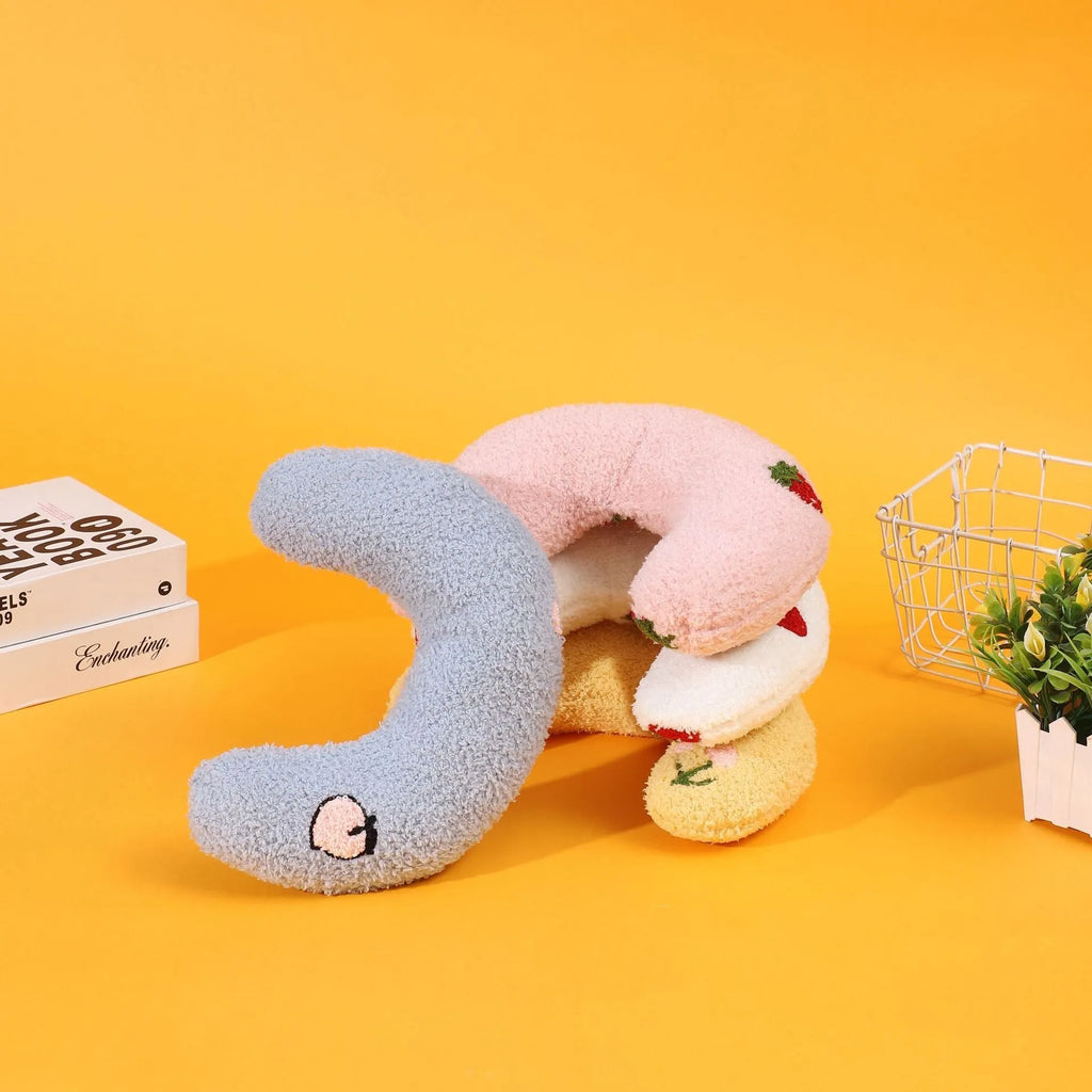U-shaped half moon pet pillow for cats with cartoon dogs and cats design in blue colour