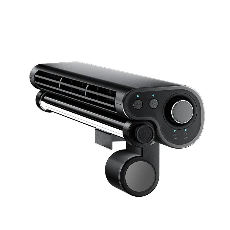 Black bladeless USB laptop cooling fan with integrated eye-protection lamp clipped to computer screen