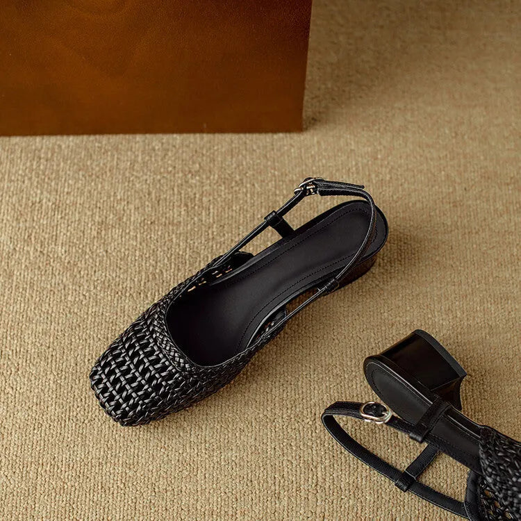 Women's beige woven hollow-out sandals with closed toe, square head, and chunky heel.