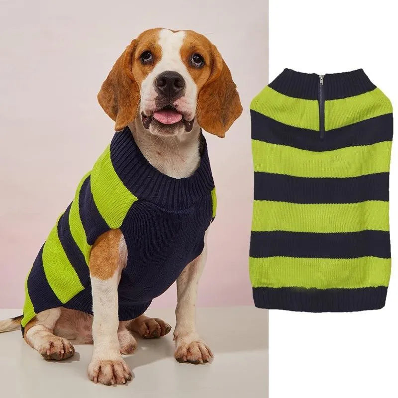 Grey acrylic knit dog sweater with horizontal side zip and a chest pocket on a small dog.