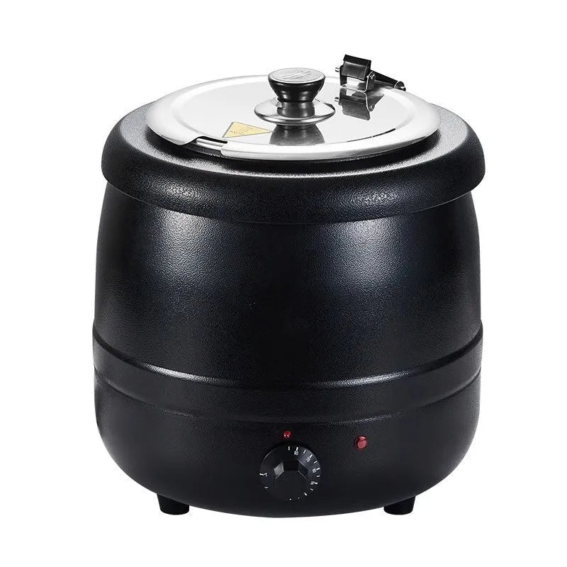 Black stainless steel 10-litre insulation pot with large cover for heat preservation.
