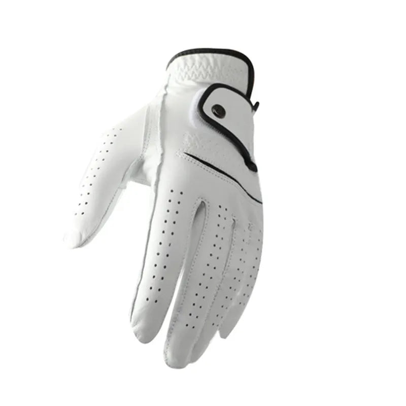 Men's white half sheepskin golf glove showing non-slip palm.