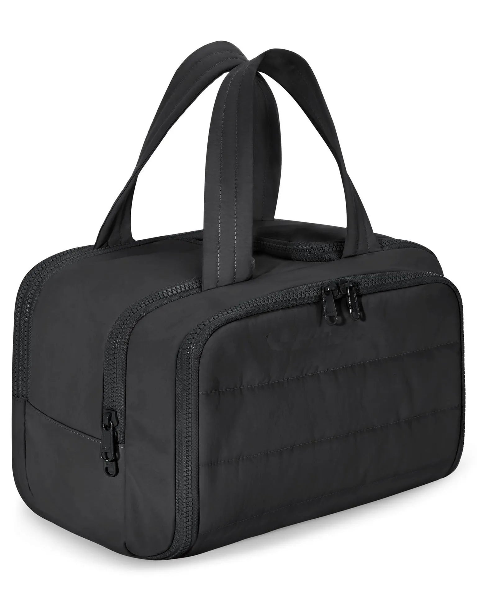 Large wide open travel toiletry bag in lightweight polyester with fluffy texture, showing interior space