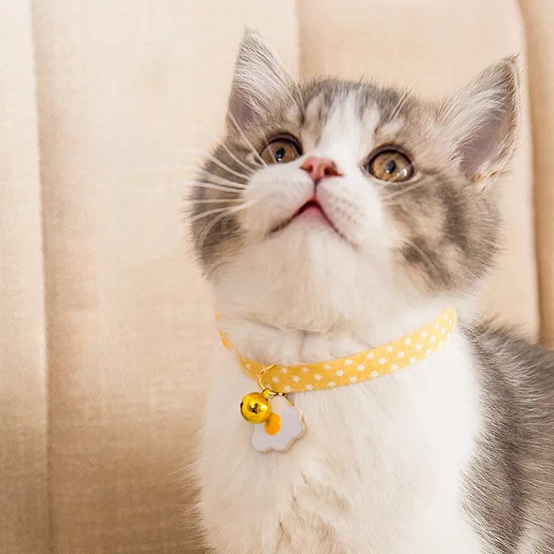 Adjustable green pet collar with a silver bell and a pink bow tie on a small dog.