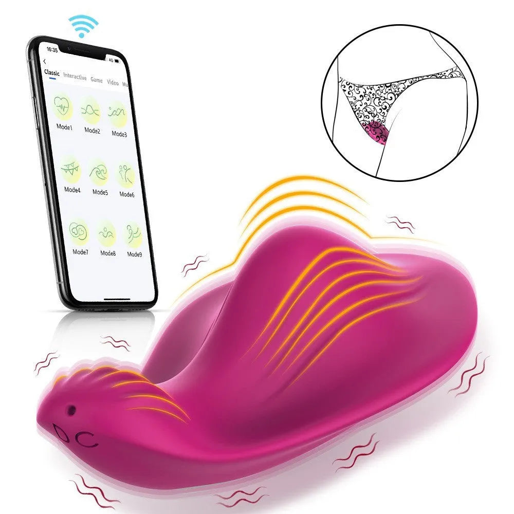 Rose red butterfly-shaped wearable vibrator with smartphone app control for external stimulation