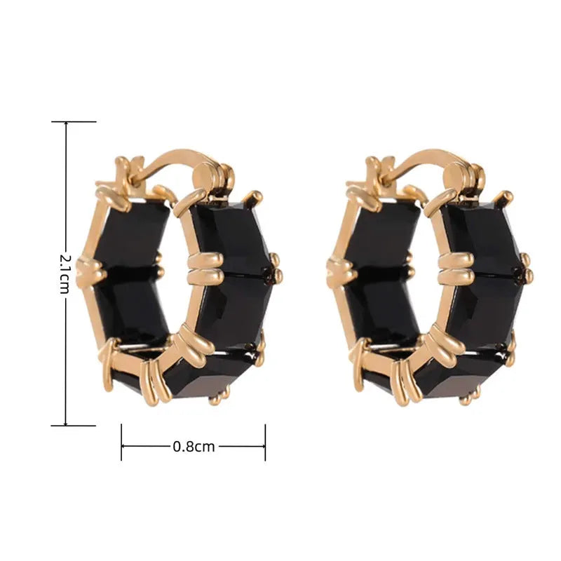 Geometric U-shaped women's earrings with crystal zirconium elements in black, pink, or white variants