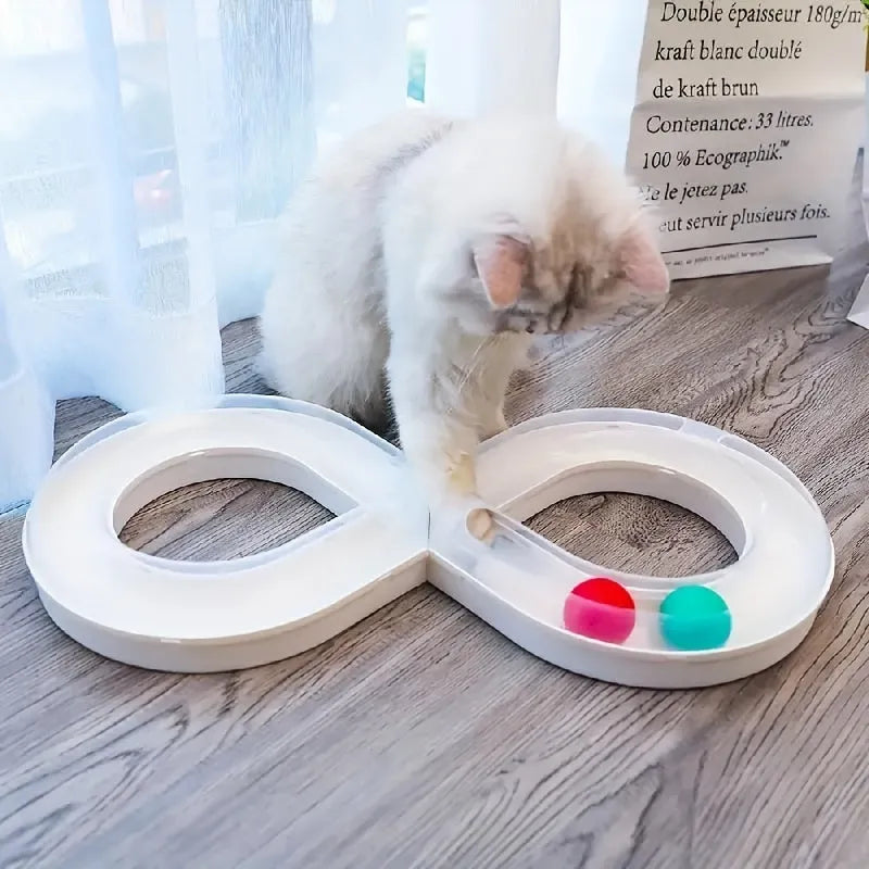 Blue and white interactive cat toy turntable track ball set with teasing stick for kitten play