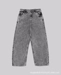 Grey loose fit straight-leg denim trousers with mid-waist design on a hanger