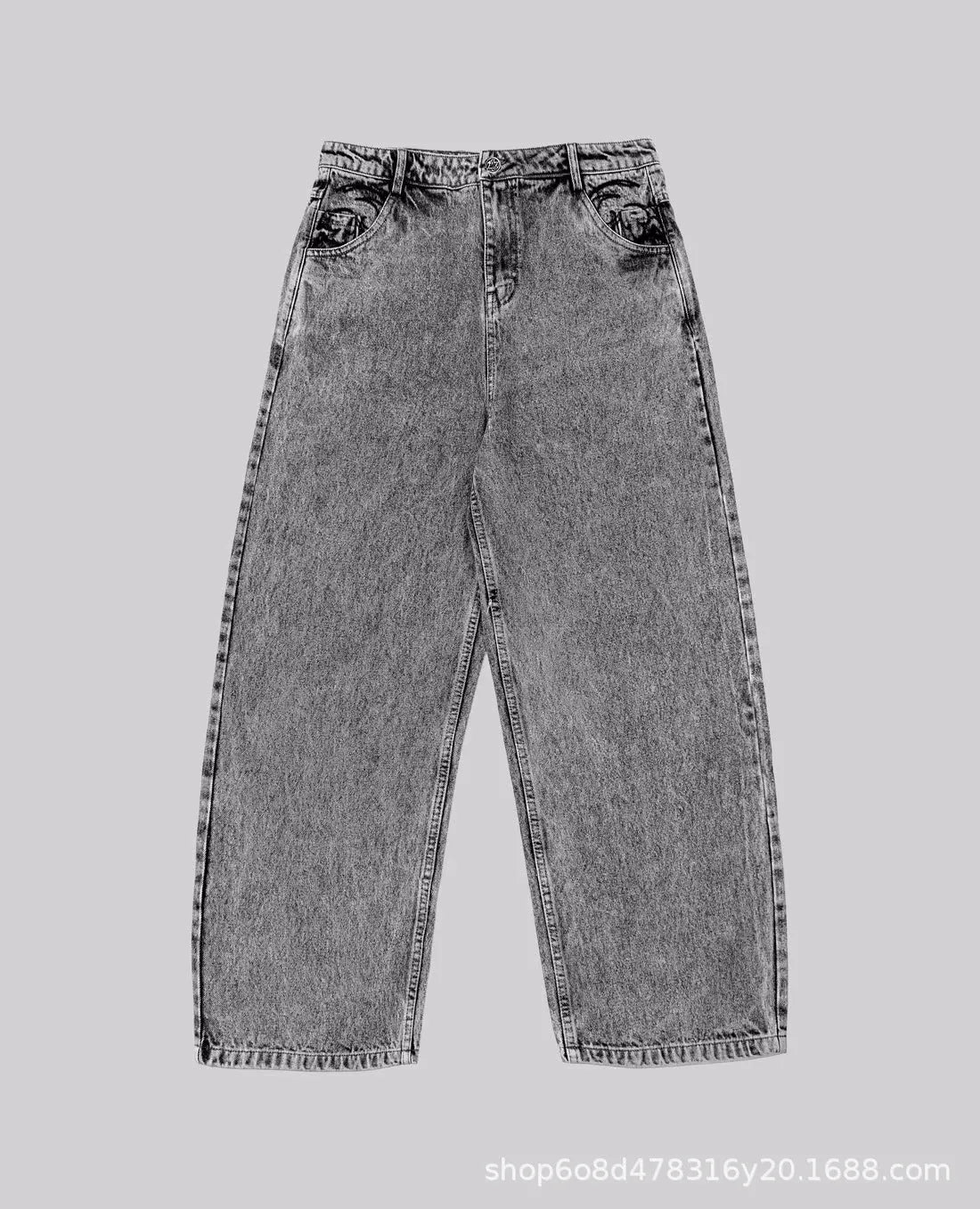 Grey loose fit straight-leg denim trousers with mid-waist design on a hanger