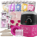 Professional waxing kit with black wax warmer, pots of hard wax beans, applicator sticks and post-care products on a pink background.