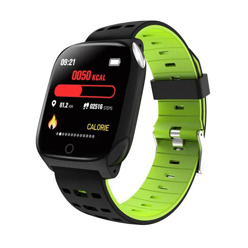 F16 smart watch with ECG, blood pressure, and heart rate monitoring on a silicone wristband.
