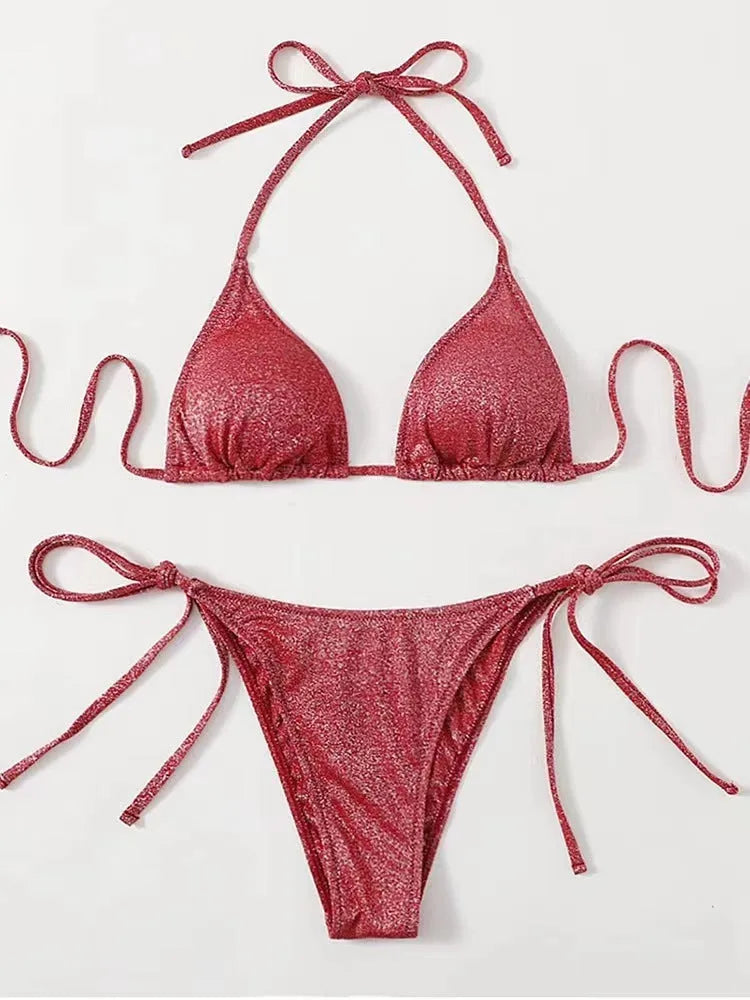 Women's khaki gold split bandage bikini swimsuit set on a model, showing the top and briefs.