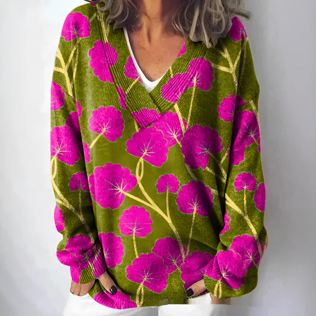 Women's V-neck sweatshirt with 3D floral pattern print and long sleeves
