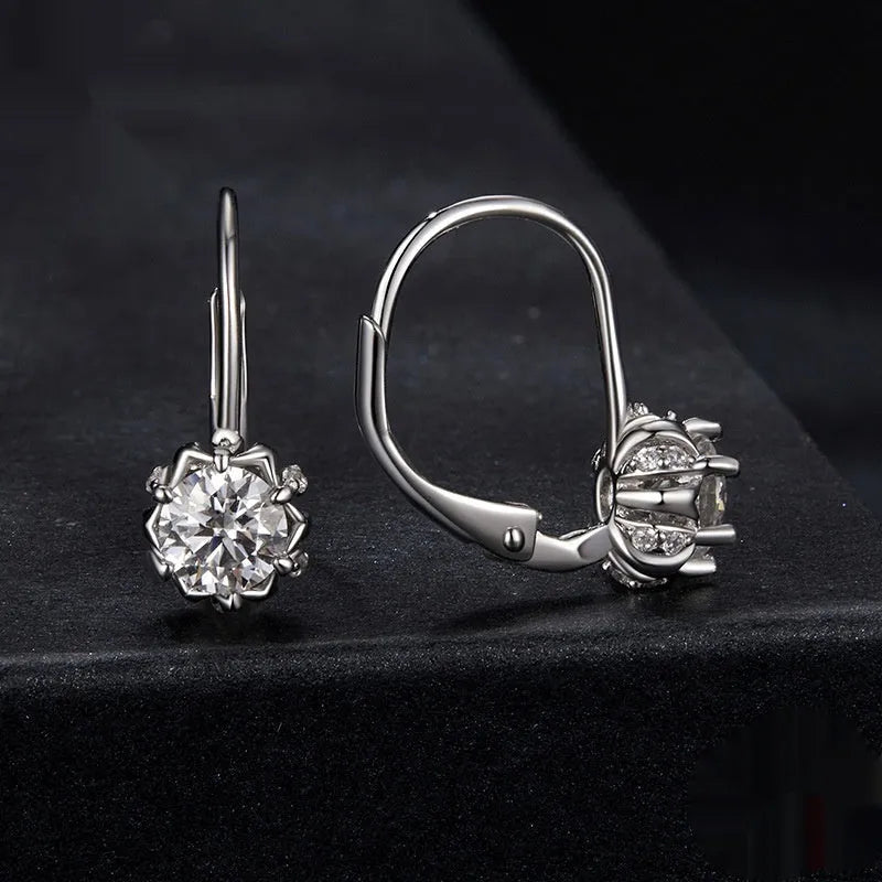 Silver flower bud ear clip earrings with moissanite stone and white gold plating