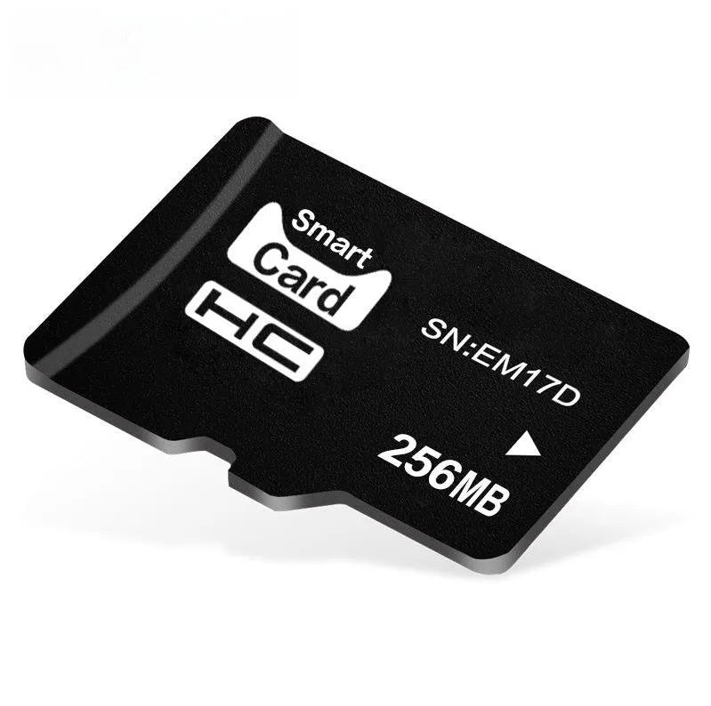 256MB TF format memory card with compact dimensions, presented in packaging.