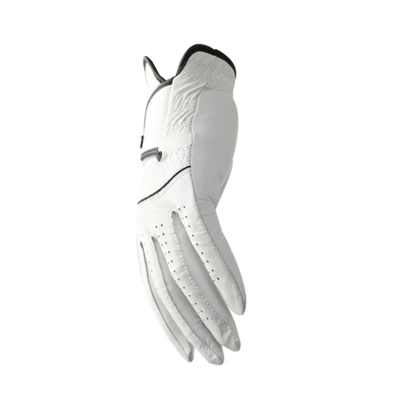 Men's white half sheepskin golf glove showing non-slip palm.