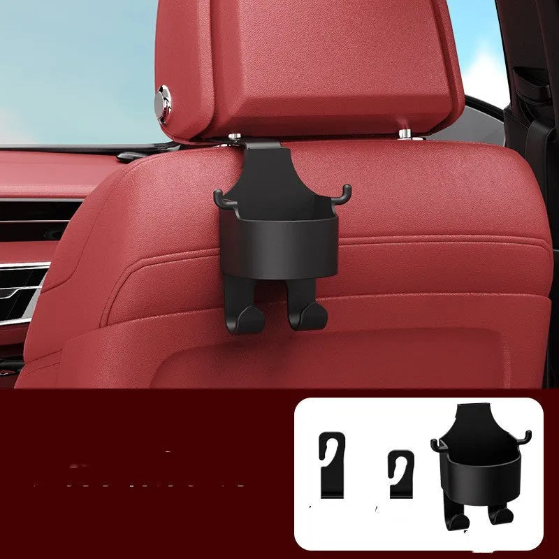 Black plastic car hook seat back organiser with cup holder and hook attachment