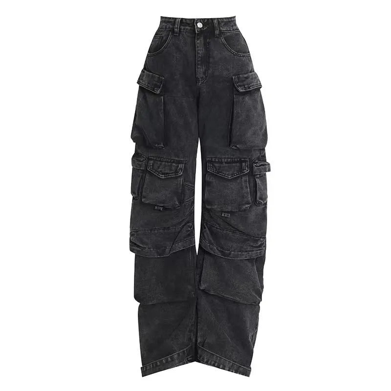 Women's high waist wide leg trousers in tie-dyed denim with multiple pockets and street hipster styling