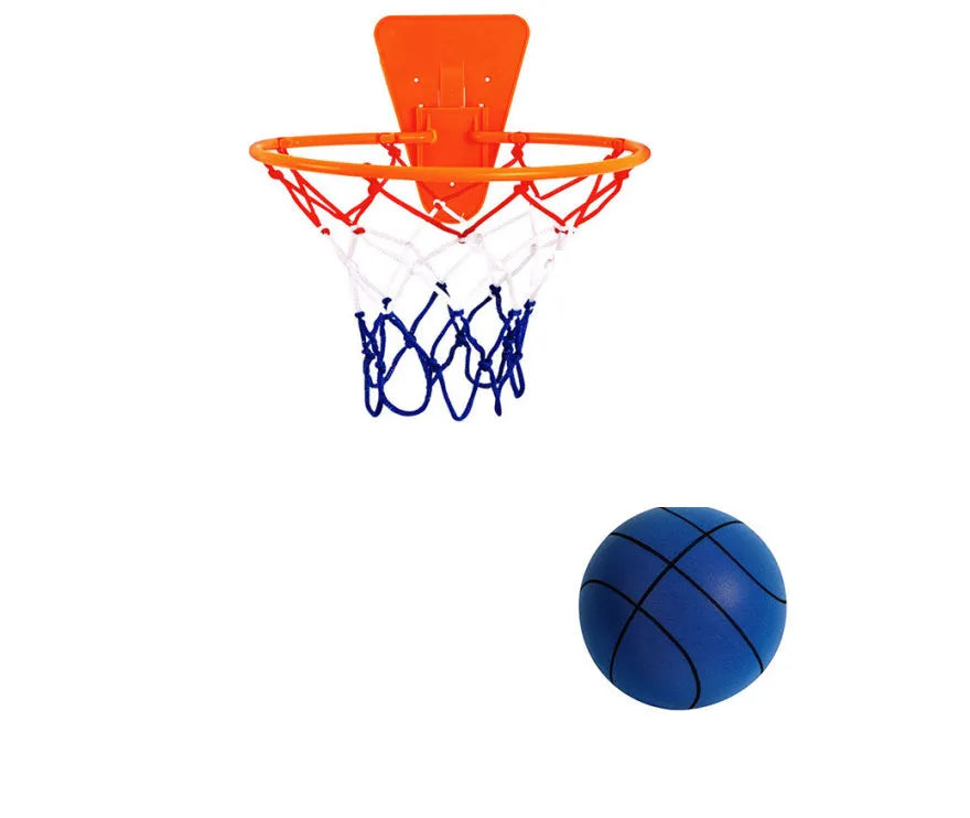 Assorted bright coloured silent high-density foam basketballs in different sizes with a basketball frame.
