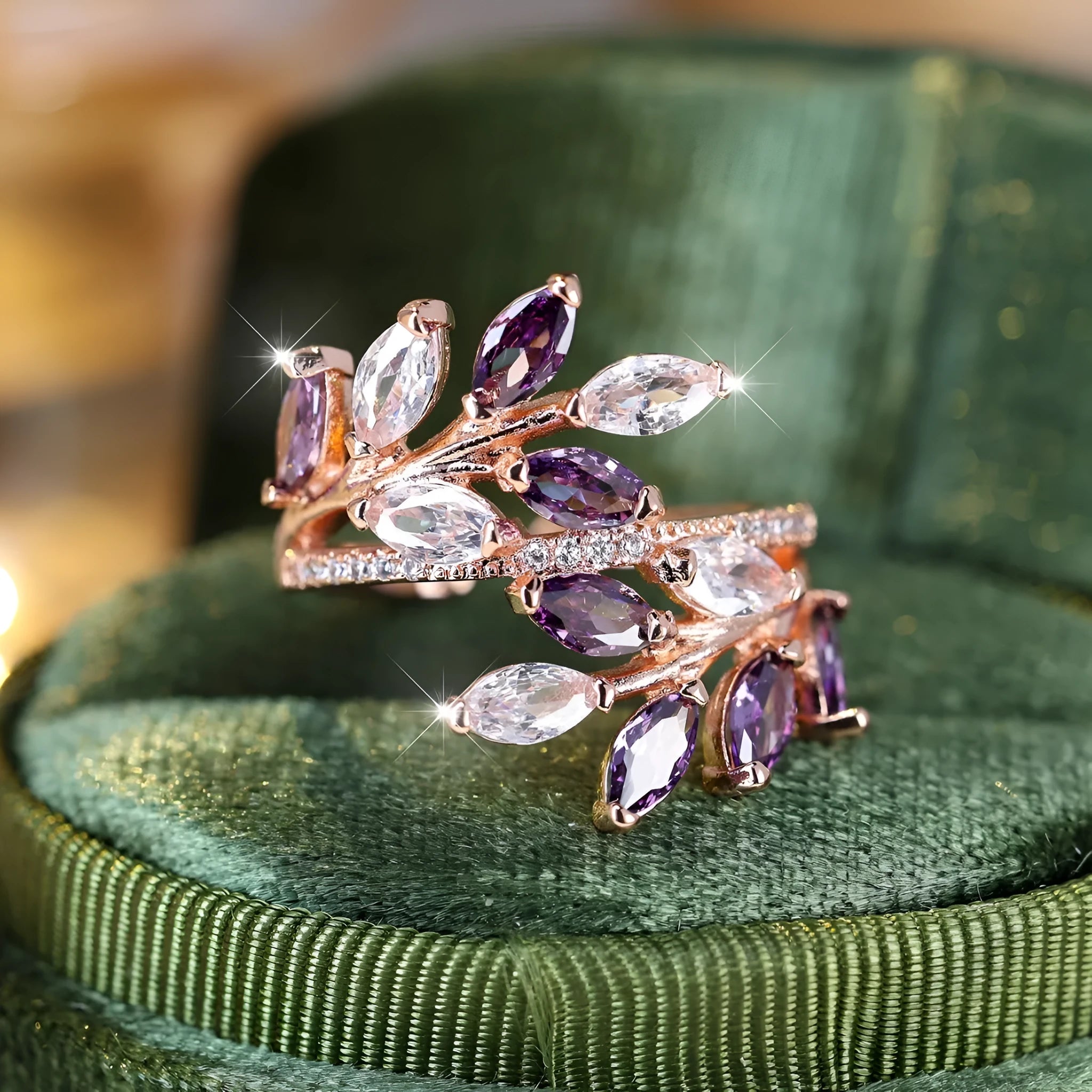 Adjustable horse eye zircon leaf fashion ring in copper with multiple colour options
