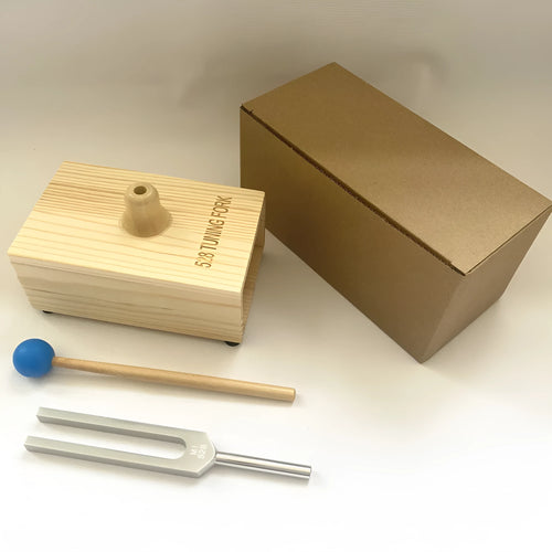 Aluminium alloy 432Hz tuning fork and portable speaker set in kraft paper box.