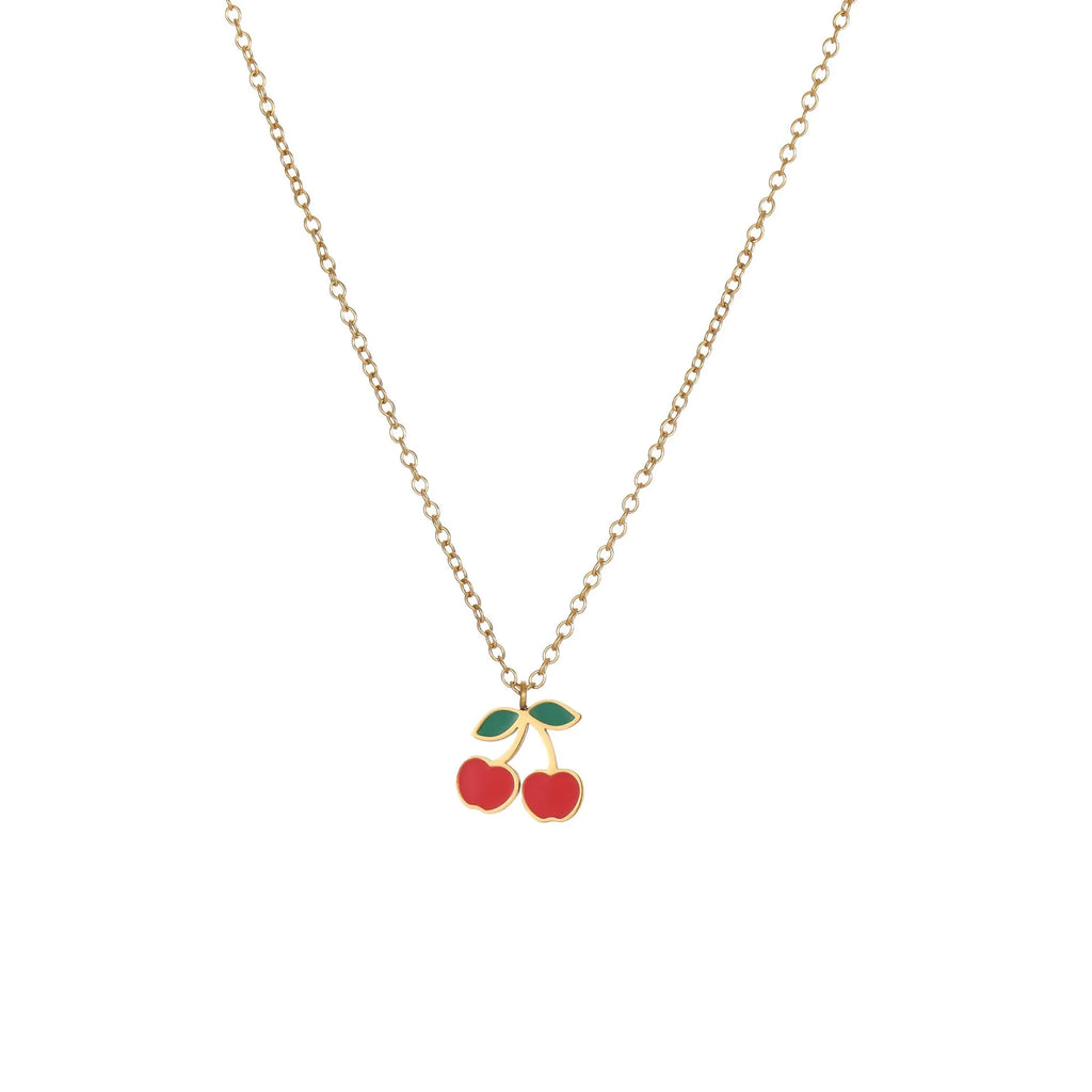 Cherry-themed jewellery set with gold-plated necklace, bracelet, earrings, and ring on stainless steel chains.