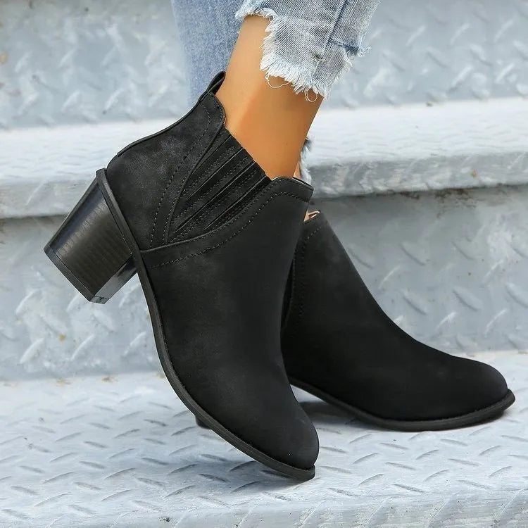 Women's black ankle boots with pointed toe and thick square slip-on heel