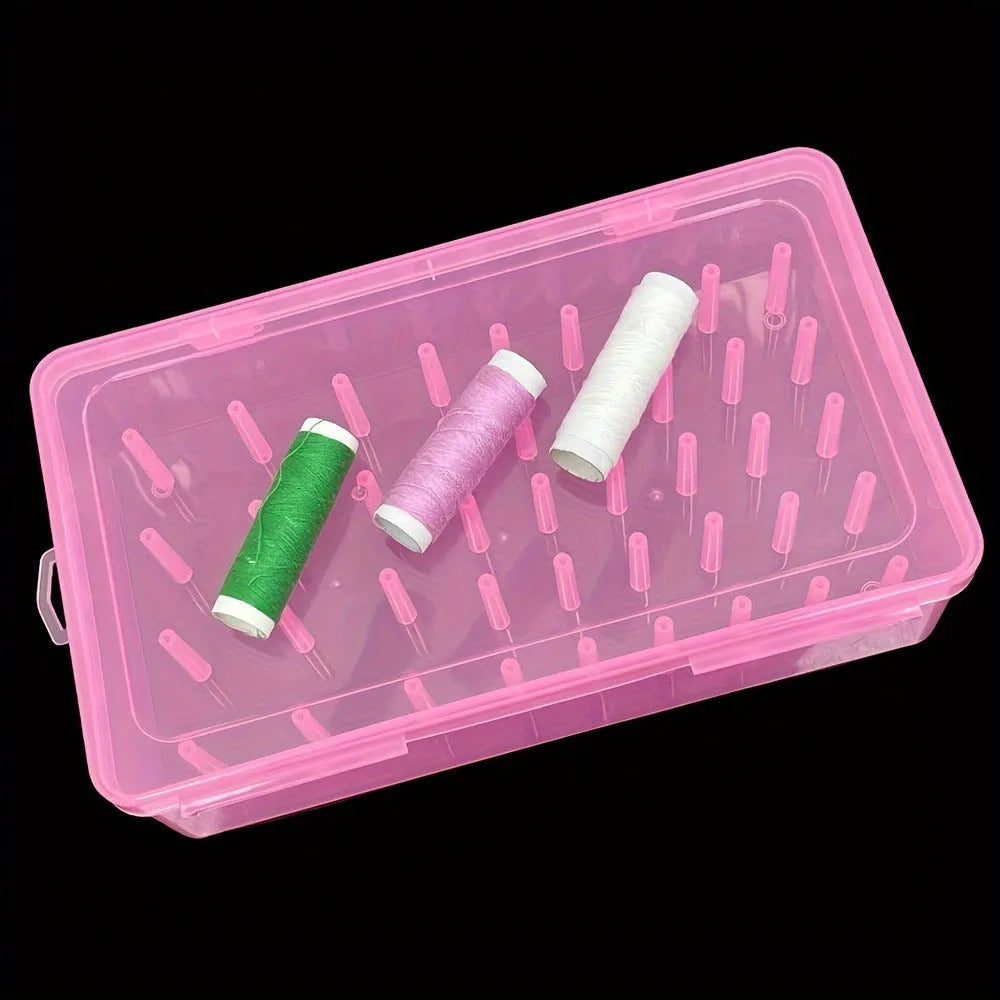 42-compartment plastic embroidery storage box in transparent, pink, or blue colour showing organised thread compartments