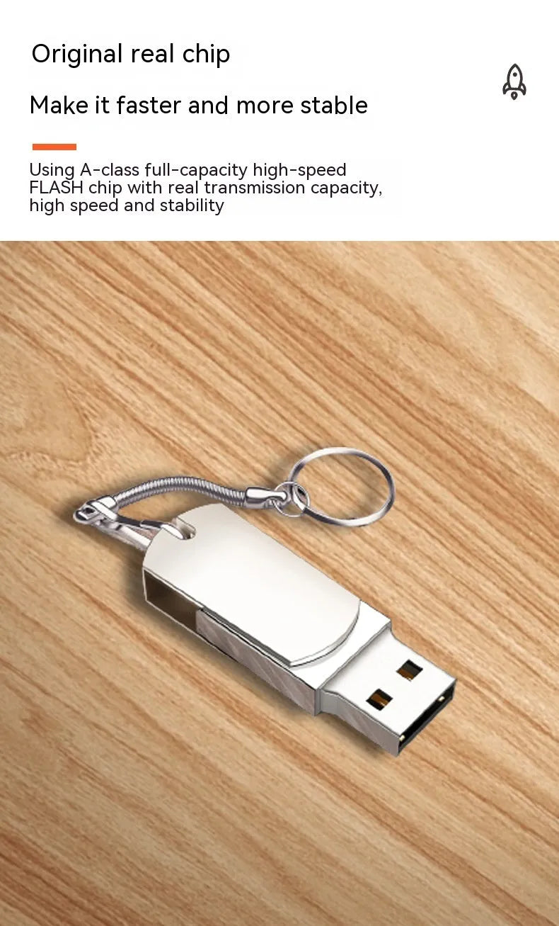 White metal rotary USB flash drive showing compact dimensions and rotating mechanism