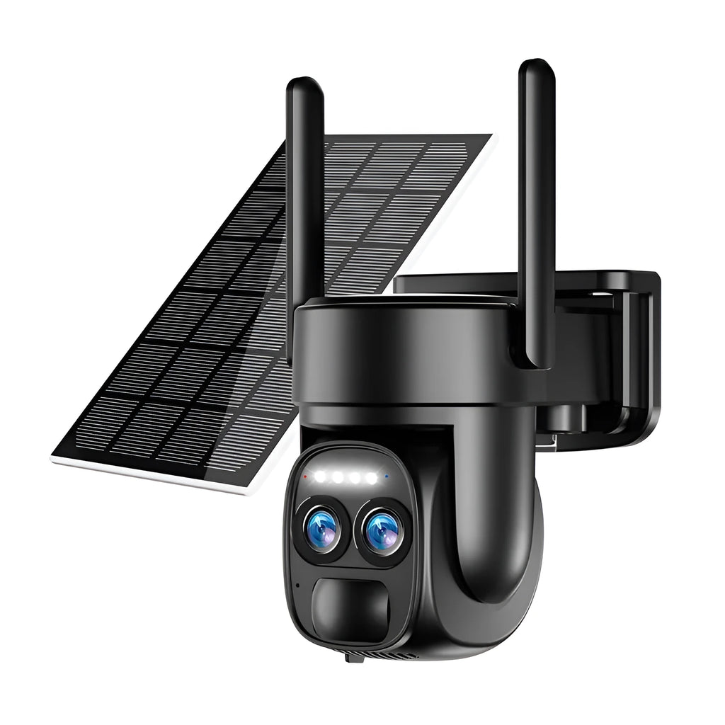 Solar-powered outdoor security camera with 8x zoom lens and dual 4G/Wi-Fi connectivity options