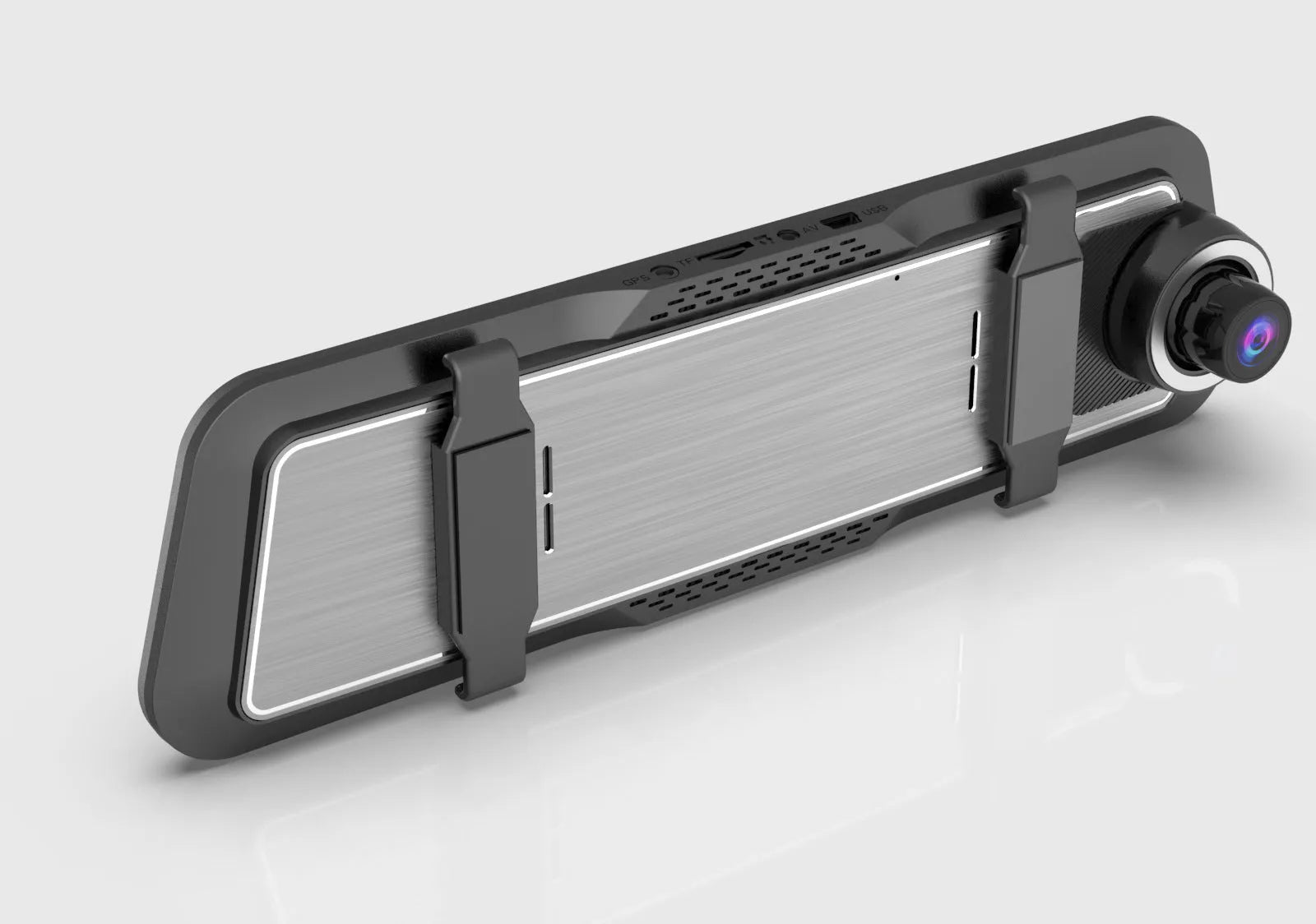 Dual-lens car driving recorder with a large touch screen, shown in black, gold grey, and blue grey colour options.