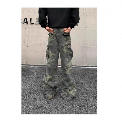 A pair of washed camouflage print cargo pants with multiple pockets on a mid-waist, showing the full trouser length.