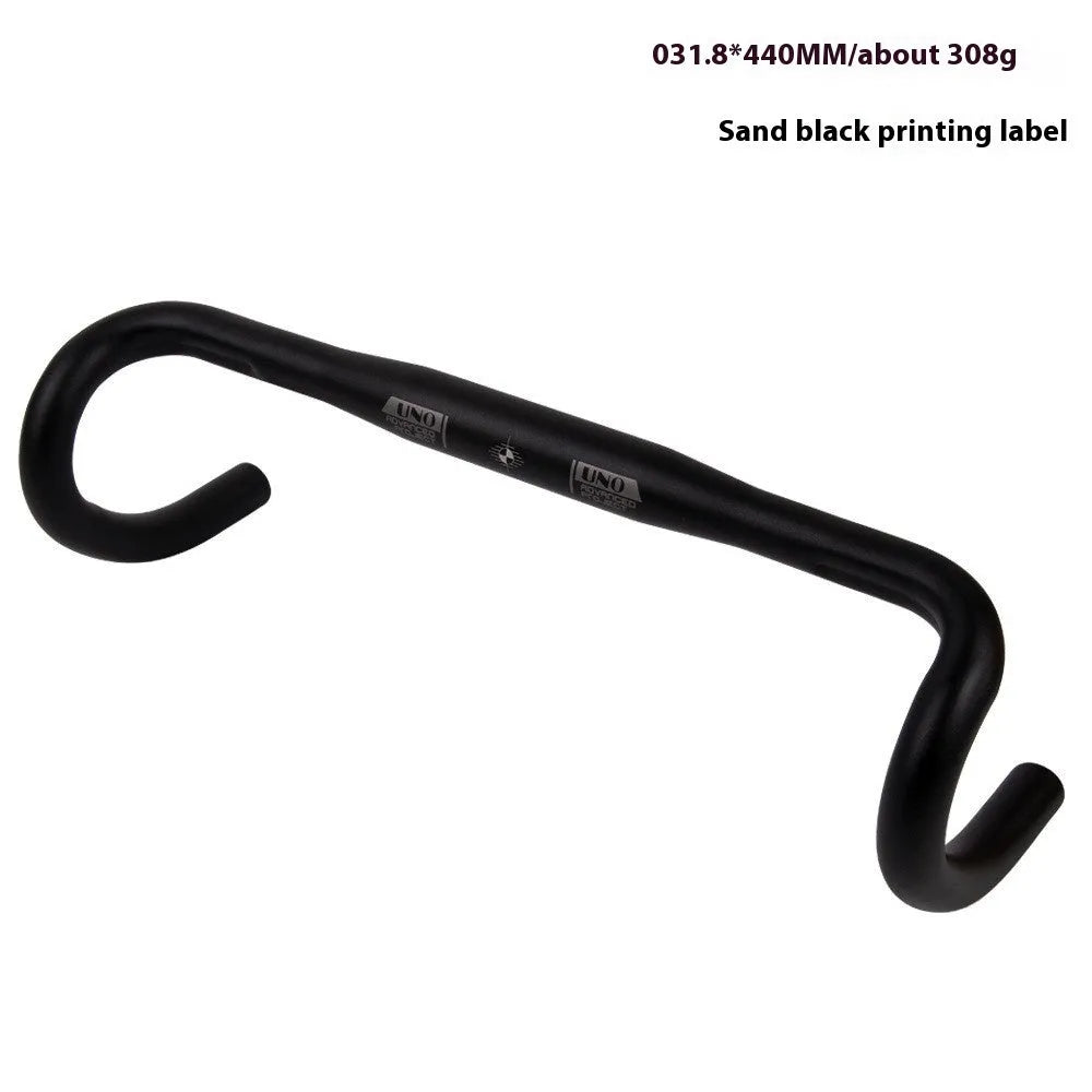 Black UNO aluminium alloy road bike drop handlebar showing bent shape and 31.8mm clamp area