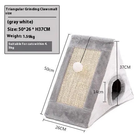 Grey and white triangle-shaped cat bed with sisal scratching side and plush sleeping area