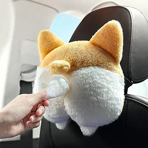 Yellow corgi butt shaped tissue box cover with elastic backing for car sun visor attachment