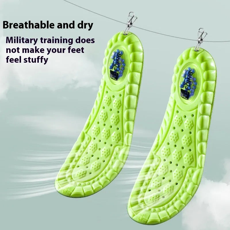 Green sports insoles showing PU air cushion construction and argy wormwood layer