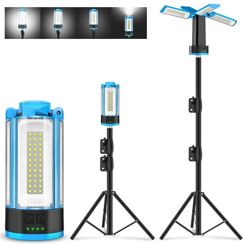 Blue foldable outdoor LED camping lamp with folding bracket and storage bag