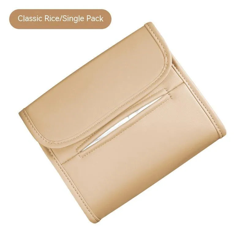 Leather car tissue box organiser with elastic band for sun visor or chair back mounting