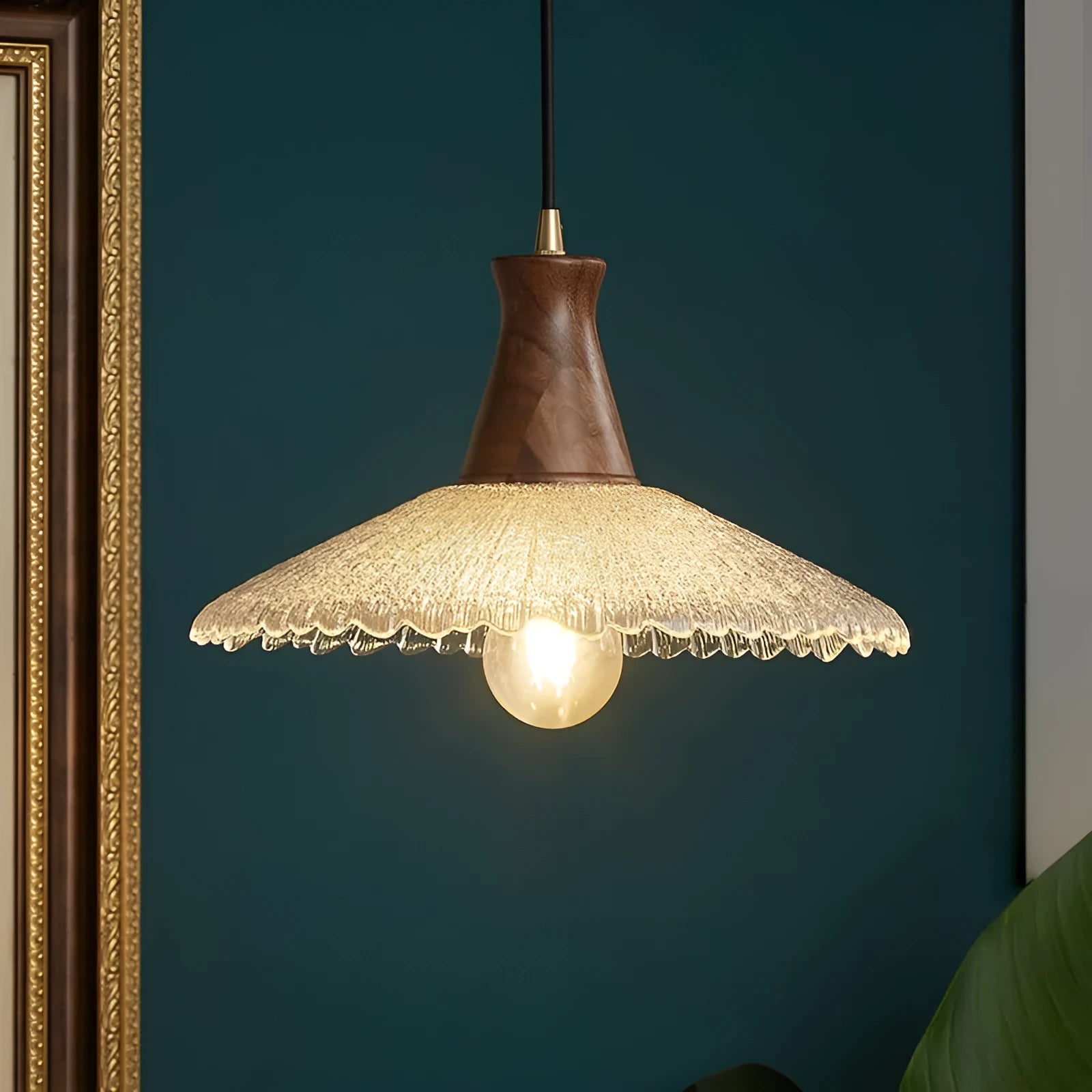 Retro brass and wood ceiling chandelier with a glass lampshade, shown in small, medium, and large sizes.