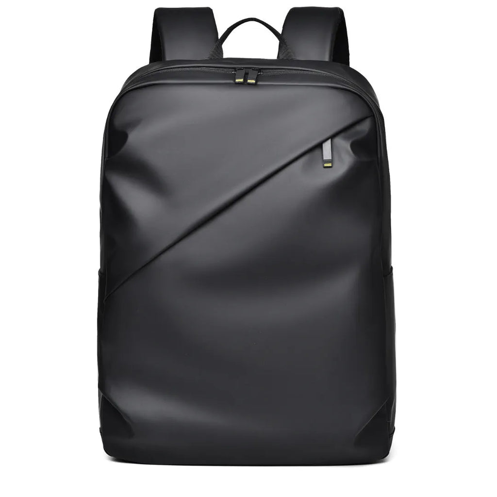 Waterproof black PU leather backpack with sewing thread details and large capacity storage